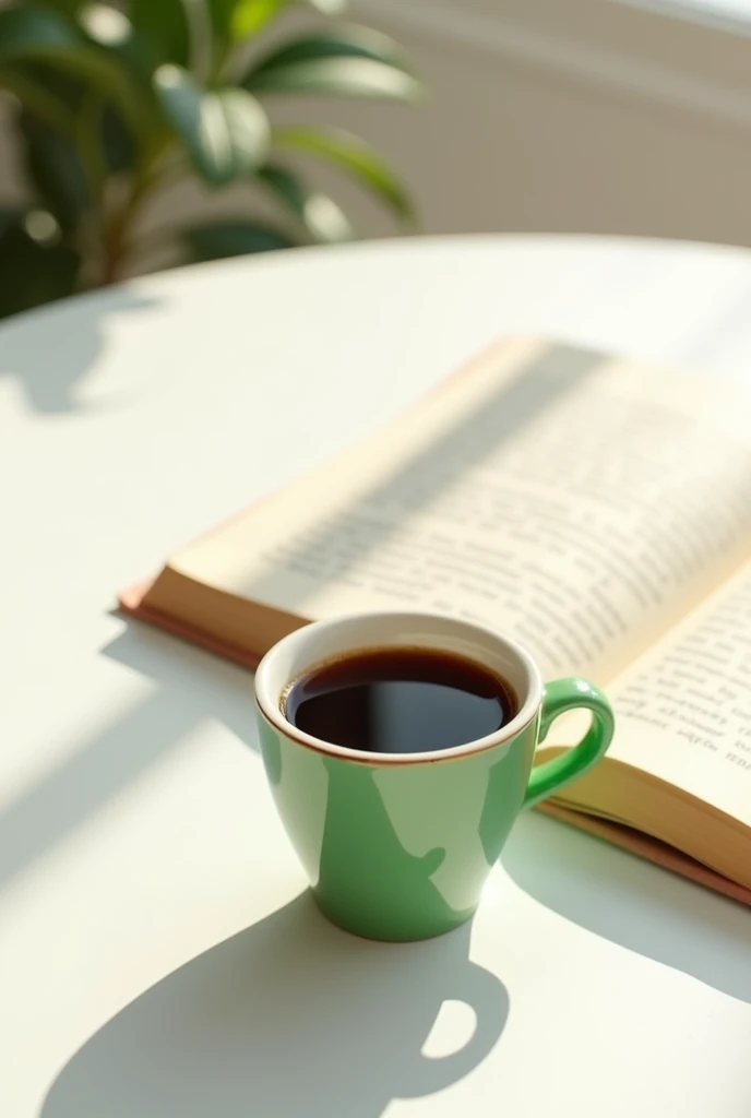a background for my cell phone screen with the following image:
A small green cup with black coffee on a white table, an open book next to rays of sunlight illuminating the book, everything seen from afar. A white and clean scenario.