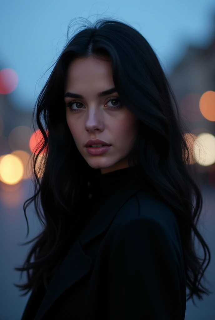 Create a realistic white woman with black eyes and long black hair looking straight ahead.