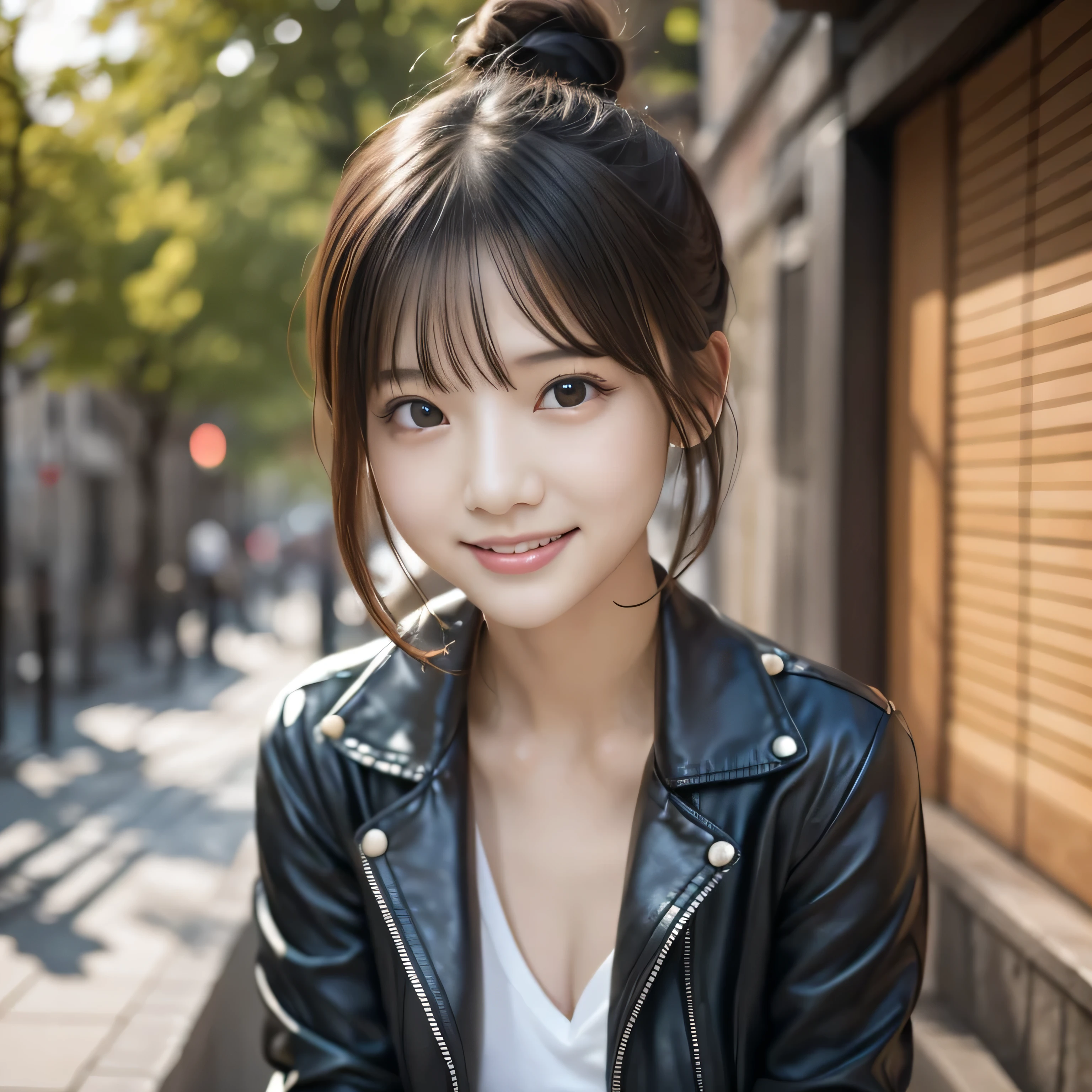 ((Hair Bun:1.3,lewisleathers doubleriderjacket,Riders jacket、Oversized cargo pants、White camisole at inner、Expressionless、美しいJapanese people women、cute、Small breasts))、university student、22 years old、Hair tied up、1people、Very beautiful Japanese idol portraits、RAW Photos,Highest quality、Genuine、Very delicate and beautiful,Very detailed,2k wallpaper,wonderful,In detail,Highly detailed CG Unity 8K wallpapers,Very detailed,High resolution,Soft Light,Beautiful detailed,Very detailed eyes and face,Beautiful and sophisticated nose,Beautiful and beautiful eyes,Cinema Lighting,(Simple light color background:1.3)、Complete Anatomy、Slender body、Small breasts、smile,{Dim coffee}、{Lots of houseplants}、 {Morning sunlight filtering through the trees}、{coffee}、{Hair tied up}、{sit cross-legged}、美しいJapanese people women、Sharp focus, Perfect dynamic composition、Tilt your head、Close-up portrait, Model body type、 masterpiece、Highest quality、超High resolution、Ultra-high resolution photos、Smooth upscaled images 、HD resolution,、High Quality Boost,、Contrast Boost、Hyperrealism、Super fine、8k、elegant、 1people、Japanese people women、美しいJapanese people women、Ultra detailed face,、A captivating smile、cute、White skin、Fair skinの美しい肌、Brown eyes、Beautiful symmetrical face、Small face、Age 25、Beautiful black hair、 Beautiful small breasts、Skin between genuine people、Perfect figure、Perfect anatomical figure、whole body photos、Detailed and realistic people bodies、Detailed and realistic skin、Realistic face in every detail、Detailed and realistic eyes、Detailed and realistic lips、Detailed and realistic teeth、Detailed and realistic ears、Detailed and realistic hair、Beautiful Hands、Realistic feet down to the last detail、Realistic breasts down to the last detail、Realistic areola down to the last detail、Realistic nipples down to the last detail、Realistic female genitalia down to the smallest detail、Realistic vagina down to the last detail、Detailed and realistic clitoris、Realistic anus down to the last detail、Thick pubic hair with realistic detail、whole body、whole bodywhite skin、Fair skin、Check and fix the skeleton、Pubic hair is thick、Thick pubic hair、 Completely naked、urination、Pleasant expression、Blushing cheeks and an ecstatic expression, Leaking urine、A sex toy is inserted into the anus、Put your arms behind your back、Open your mouth、 In the mysterious forest、Wooden table、surrounded with plants、