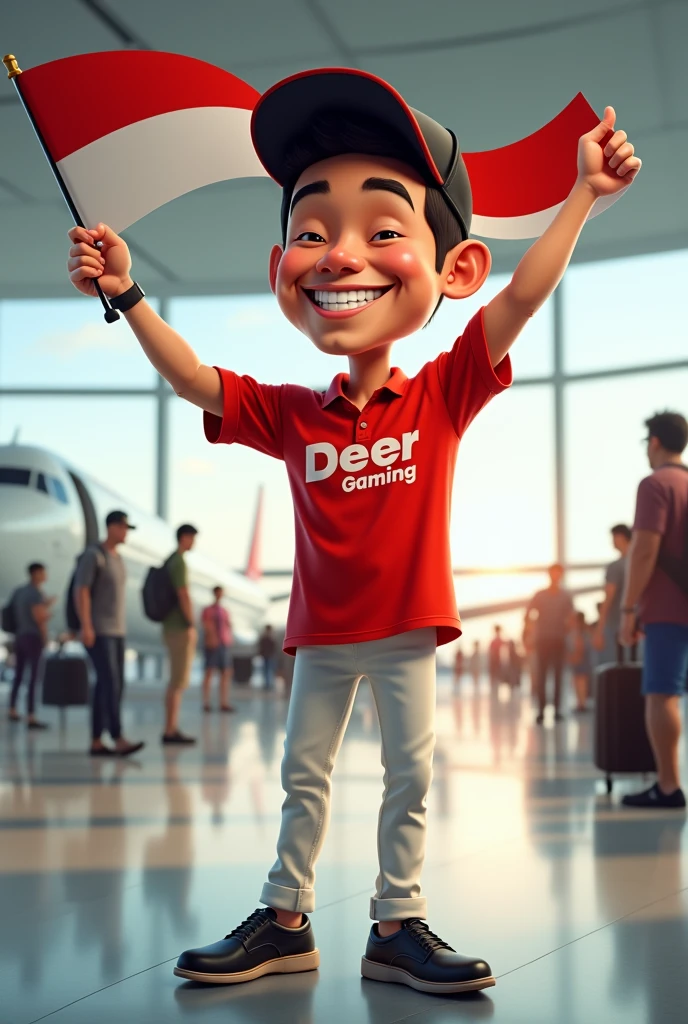 5D caricature of a man wearing an Indonesian cap, 27 years old , while smiling. Indonesia wears red shirts with the words "deer gaming" and white pants and black shoes is holding an August Indonesian flag. with an airport background. Full HD 12K realistic very clear and super detailed.