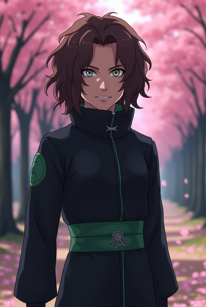 A character from Naruto: the last do clã Hyuuga com olhos de Byakugan, brown curly hair that hits the shoulder. Your black clothes with small green details.