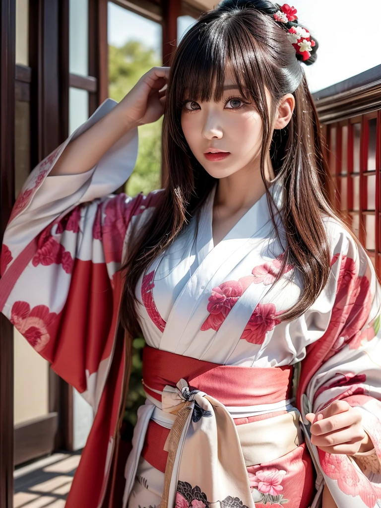 (masterpiece, Highest quality, Realistic, High resolution, photograph, :1.3), Sharp focus, 1 Cute Japanese, Hot Model, Highly detailed eyes and pupils, Realistic Skin, Highly detailed hair, Delicate face, Sensual look, Bright lips, Natural Lip, ((whole bodyショット)), Standing pose, smile, (kimono:1.5), (Floral), ((sash)), ((heart)), outside of home, (Japanese Style Country), whole body,