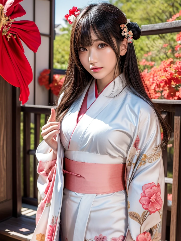 (masterpiece, Highest quality, Realistic, High resolution, photograph, :1.3), Sharp focus, 1 Cute Japanese, Hot Model, Highly detailed eyes and pupils, Realistic Skin, Highly detailed hair, Delicate face, Sensual look, Bright lips, Natural Lip, ((whole bodyショット)), Standing pose, smile, (kimono:1.5), (Floral), ((sash)), ((heart)), outside of home, (Japanese Style Country), whole body,