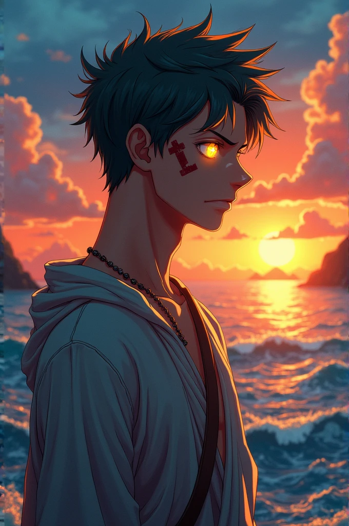 one piece, male gender, wolf cut haircut, Loose clothing, a scar on the left eye, Yellow eyes with a star-shaped pupil, Empty, tired gaze