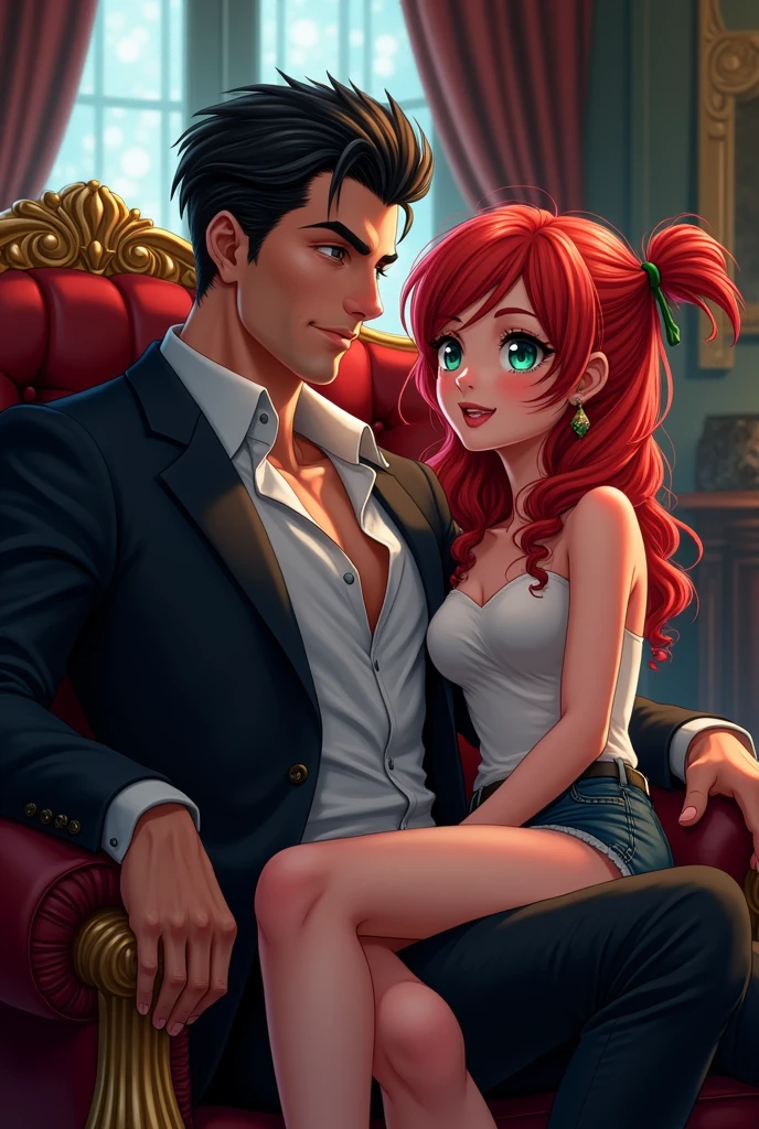 Create a cover for a book on Wattpad that contains the following:: It should be anime style and should feature a mafia man sitting in a chair with an excited expression, and another man sitting on his lap looking into his eyes.