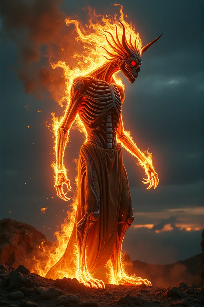Mythological being with a slender and tall body. His face is half skeletal but not quite a skull. On that head there is the presence of fire around and on top it is as if it were a spiky hair. His forearm has flames of fire as if it were some fur. His legs are like bird legs but they contain some scales.