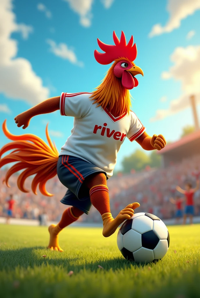 Rooster kicking a soccer ball, white shirt with red stripe, black shorts and in the center of the shirt it says: river