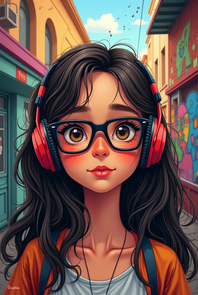 Create a book cover with a teenage girl with long dark brown hair, wearing square black glasses, with dark brown eyes shining with headphones and pimples on his face