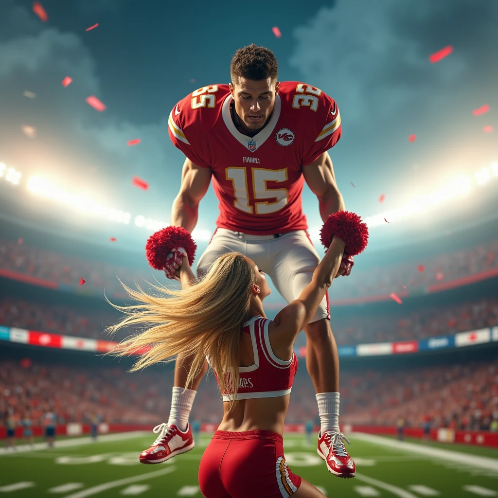 Blonde, Beautiful, and strong girl cheerleader lifting a large male football player high above her head with her strong arms. Photorealistic. View from a distance. Wide angle. Male on top.