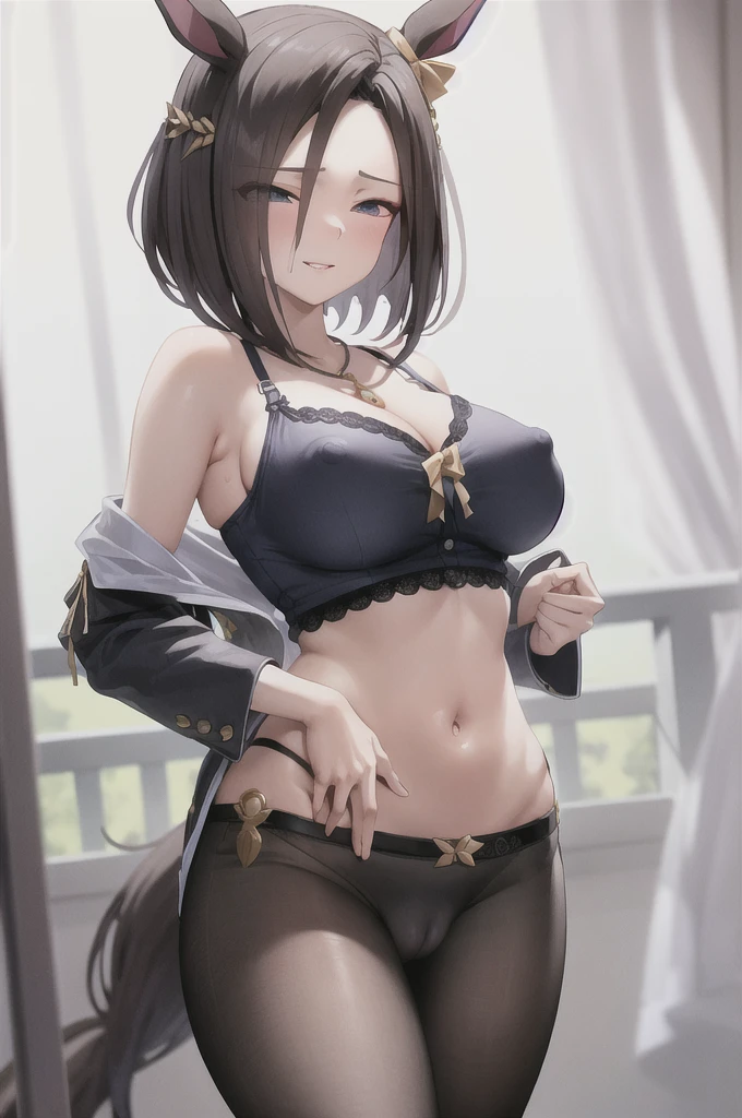 masterpiece, Highest quality, 
Air Groove \(umamusume\), 
Blue jacket, Black Shirt, Brown pants, necklace, Tea belt,
Cowboy Shot,(masterpiece), Highest quality, Very detailed, (Ramp-up, Slender and sexy body, large and clean breasts, Half-closed eyes), Attractive face, Wicked Smile, Lips parted, alone, Cleavage, belly button, Are standing, Seduce your sexy waist 、Sexy Lingerie、Exposed thighs、Camel Toe、Shoulder out　belly buttonまんこ　Looking down composition　Big nipples
 