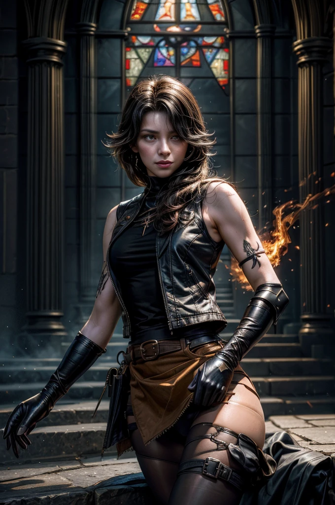 (masterpiece, best quality:1.2), cowboy shot, solo, 1girl, cinder fall, evil smile,holding flames, looking at viewer, long hair, t-shirt, white skirt, sleeveless jacket, elbow gloves, pantyhose, standing outside huge gothic building, trees, (volumetric lighting), sharp focus, hyper detailed