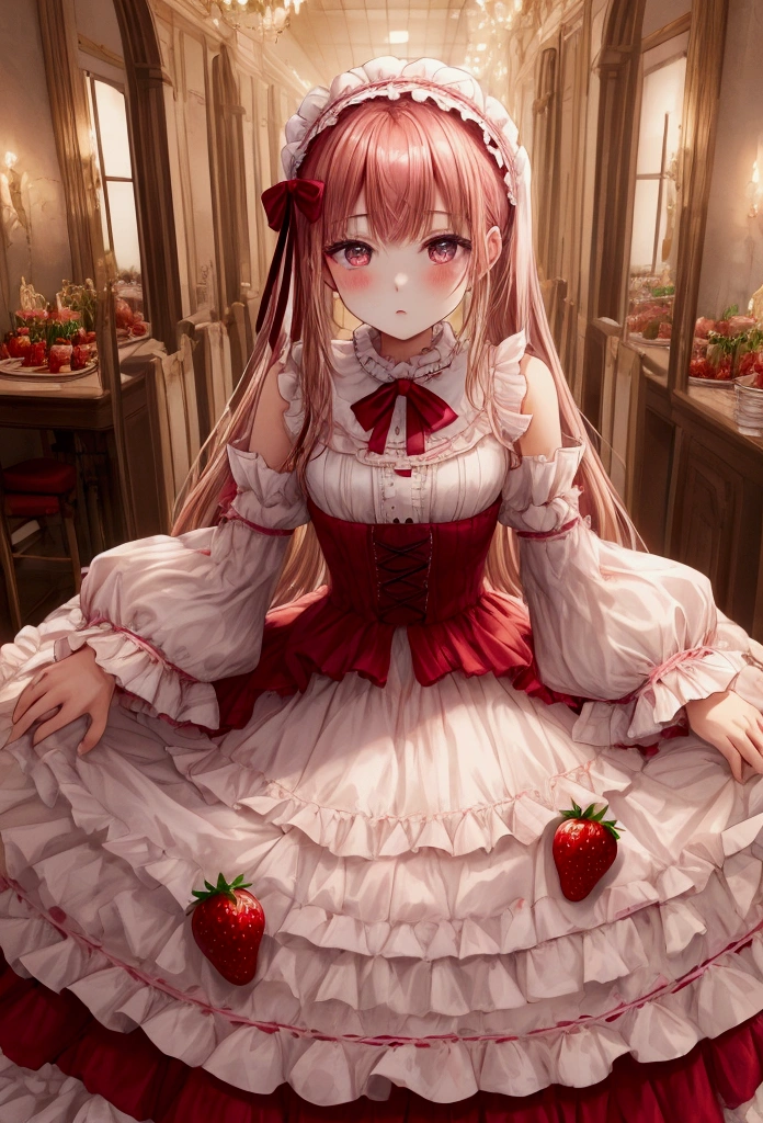 Alone, 1girl Vestido victoriano en forma de pastel de chocolate y strawberries, strawberries, chocolate, dessert, dress largó, Whole body, mangas largas flounce sleeve, Bertha collar, neckline, slats, layers of skirt, headband bows, kawaii, glazed, whipped cream, Sweet, dress, Screens, elegant, cafés.