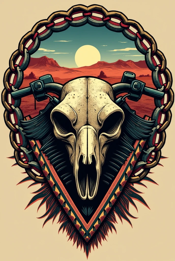 Create a logo for motorcyclists that says the phrase "The Khipus of the Desert"  This logo should have a V-shaped engine with an Inca skull in the middle and its Inca symbolism around it., and motorcycle chains that intertwine 