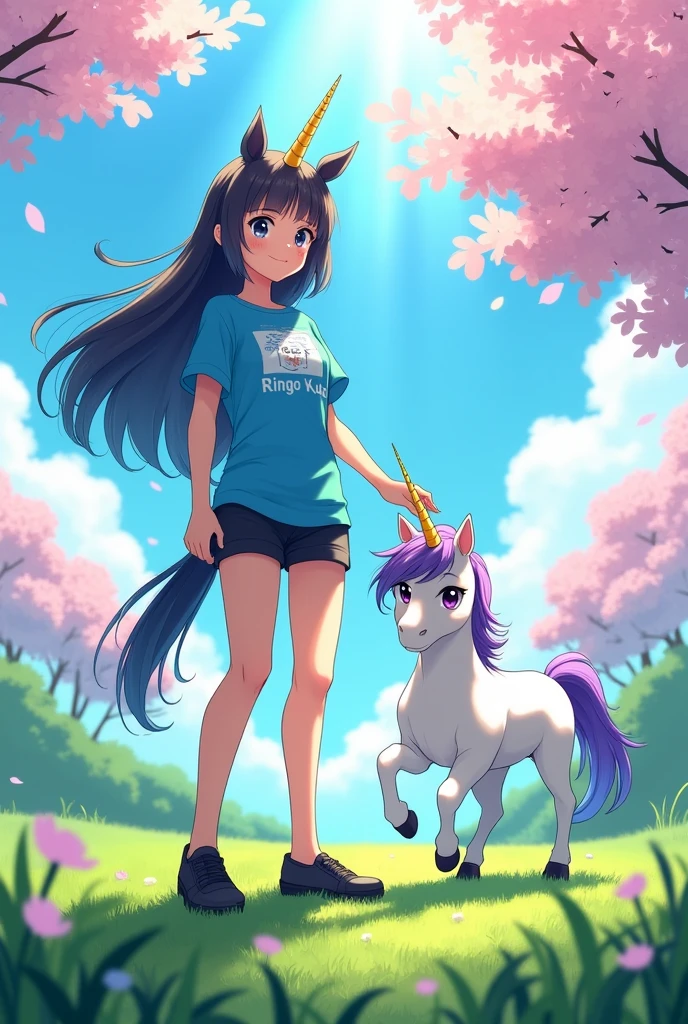 A Japanese girl, , with long black hair, wearing a short-sleeved blue shirt with the words 'Ringo Kudo' printed on it, black shorts, black shoes, a unicorn, and a sun.