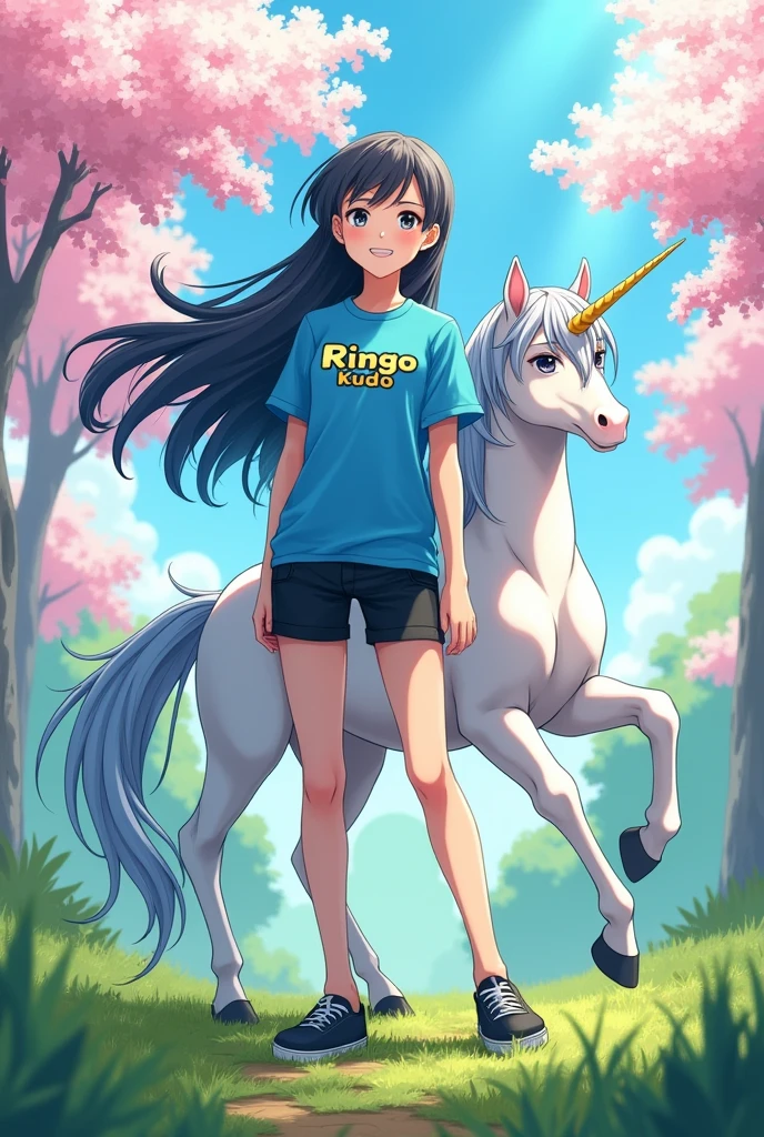 A Japanese girl, , with long black hair, wearing a short-sleeved blue shirt with the words 'Ringo Kudo' printed on it, black shorts, black shoes, a unicorn, and a sun.