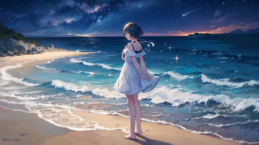 A night scene on the beach under a starry sky and a bright full moon. Spotlight, a lonely figure (she could be female or male) She stands near the water, looking towards the horizon where the moon reflects its light on the ocean. The figure has a longing posture, as if I was waiting for someone. In the distance, in the sand, a broken heart can be seen drawn, slowly being erased by the waves. The stars shine brightly, representing hope amidst sadness.