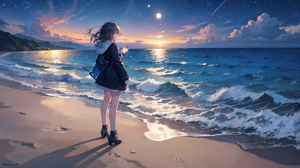 A night scene on the beach under a starry sky and a bright full moon. Spotlight, a lonely figure (she could be female or male) She stands near the water, looking towards the horizon where the moon reflects its light on the ocean. The figure has a longing posture, as if I was waiting for someone. In the distance, in the sand, a broken heart can be seen drawn, slowly being erased by the waves. The stars shine brightly, representing hope amidst sadness.