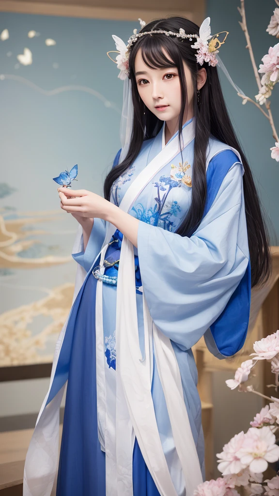 Fide woman in blue dress holding butterfly, ancient chinese beauti, EtherealBeauty, chinese fantasy, xianxia fantasy, inspired by Tang Yin, 宮 , A girl in Hanfu, Hanfu, white hanfu, beautiful fantasy empress, Princesa chinesa antiga, Inspired by Qiu Ying, Inspired by Ma Lin, Ethereal fantasy
