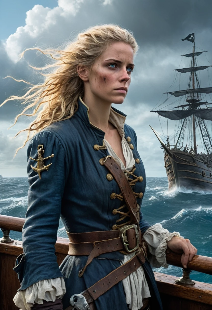 (Realistic:1.2), Grimy 24-year-old blonde pirate woman with weathered skin, sea-sprayed hair, and a salty gaze leaning against mast of. her storm-battered ship, a dagger by in her hand limp at her side, exhausted after another sea battle. The rough grey sea stretching out before her like an endless battlefield, waves crashing against the vessel's hull as dark, foreboding clouds gather on the horizon, an airship looming in the distance, its billowing sails tattered, the pirate's tunic a deep, rich blue with sea-worn whites and tawny leather accents, contrasting warm golden light on weathered wood and cold blue shadows, 8k hyper-real fantasy matte painting in the style of Simon Stalenhag, ZBrush textures and Unreal Engine 5, detailing reminiscent of Iain McCaig's concept art, loose brushstrokes echoing the rugged seascape my soulmate.