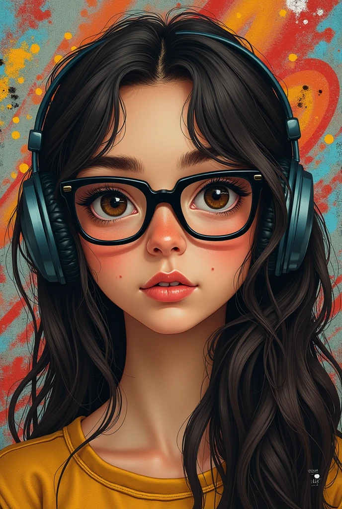 Create a book cover with a teenage girl with long dark brown hair, wearing square black glasses, with dark brown eyes shining with headphones and pimples on his face