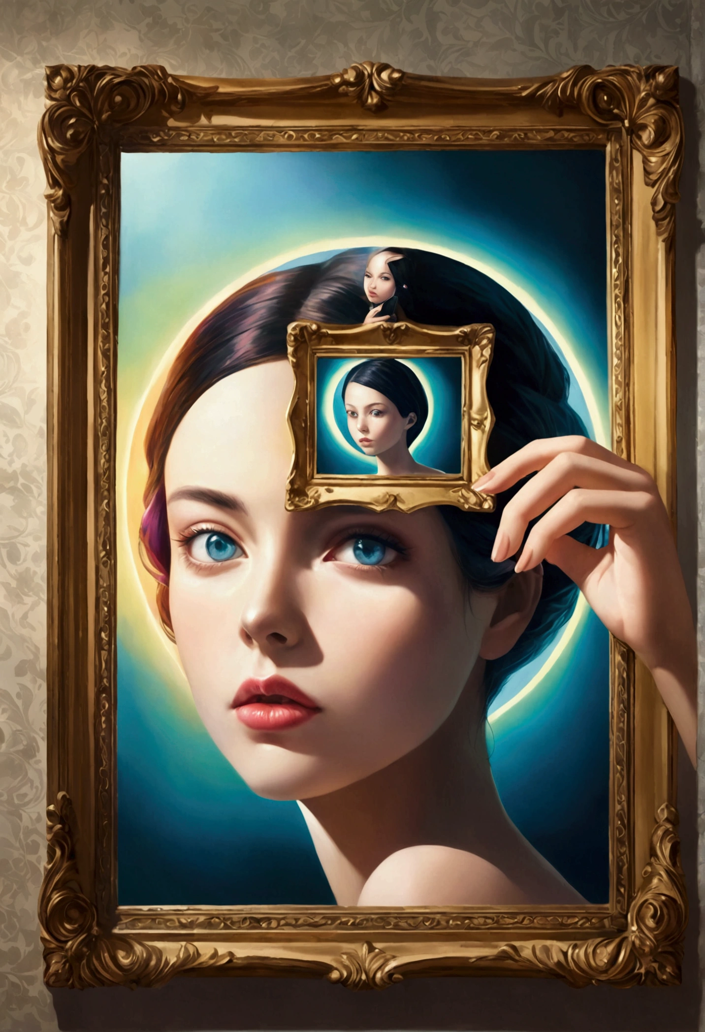 A person holding a photo frame with a beautiful girl's photo, surreal art illustration, vibrant colors, detailed mirror reflections, realistic lighting, emphasis, portrait, surrealism, ethereal, distorted, abstract, conceptual art