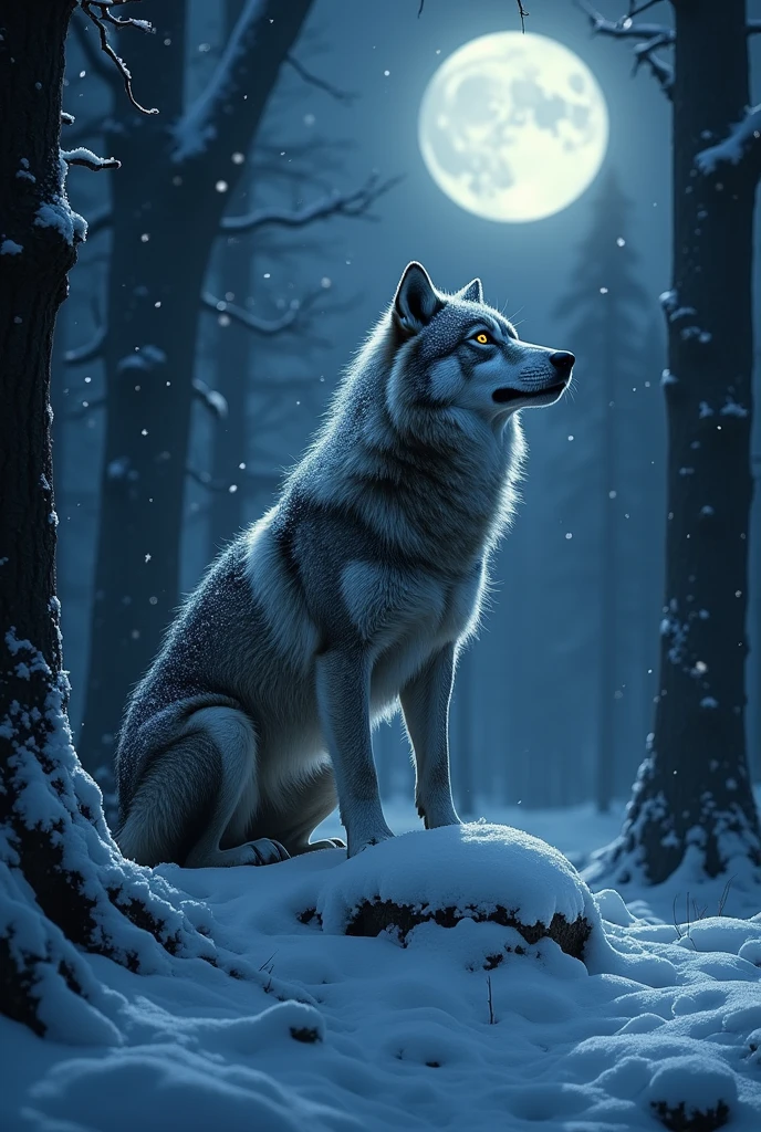 A powerful wolf standing majestically in a snow-covered forest at night, exuding both ferocity and respect. The wolf's fur is thick, with icy snowflakes clinging to it, and its eyes glowing with a fierce intensity. The full moon shines brightly in the dark sky, casting long shadows through the tall, ancient trees. Snow gently falls around, adding a mystical atmosphere to the scene. The wolf stands on a slight hill, howling at the moon, with the snow-covered ground and the dark, dense forest creating a dramatic contrast