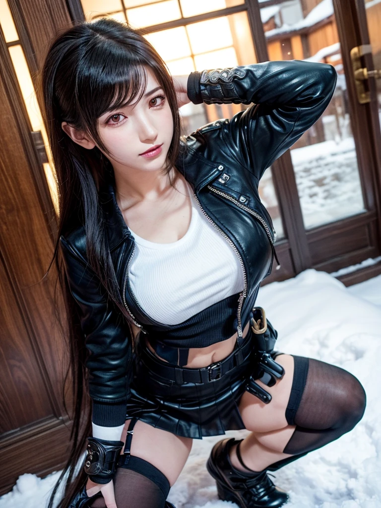 ((RAW photo), absurd, (absurdresolution)), Young woman, 21 years old, (beautiful look, grey eyes, perfect sharp pupil, realistic), (with straight and loose black hair), (black vinyl skirt, white buttoned shirt, ((formal black leather jacket)), tight), handbag, (standing in sexy pose, hands on waist, very pretty, legs open, leg slightly turned, looking at camera, photo from below), Italian countryside exterior, vivid, intense colors, captivating woman, high sensuality,