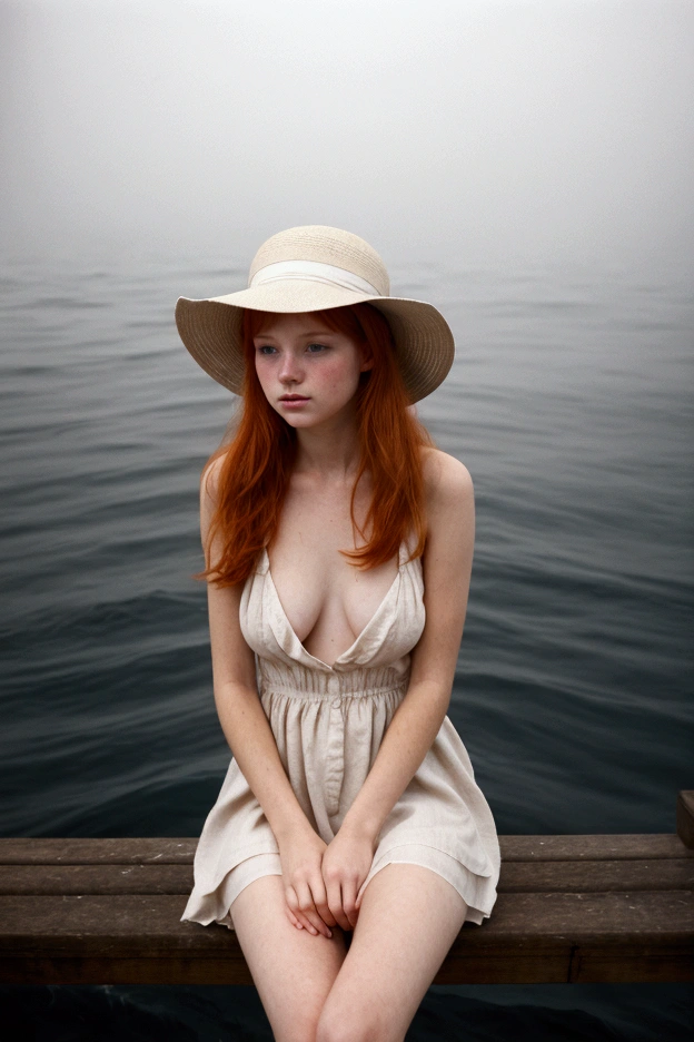 Redhead teenager sitting on a pier. Transparent dress. Small tits. She wears a wide-brimmed hat. Lost look. 70s. Intense fog. Nymphet. Soft focus. Fog filter. Dreamy atmosphere. Granulated. In the style of photographer David Hamilton. Misty with romantic airs. Analog.