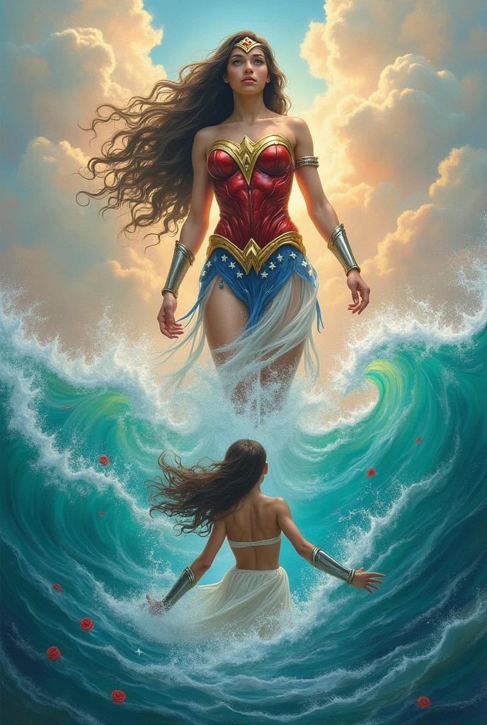 age Greek comic book cover emerging from the sea, dressed as Sandro Botticelli's painting The Birth of Venus, with the spirit of Wonder Woman watching her from the sky. dressed in roses