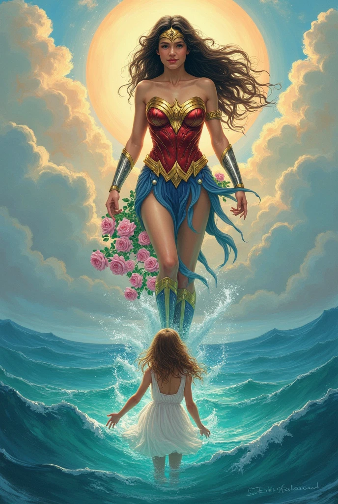 Teenage Greek comic book cover emerging from the sea, dressed as Sandro Botticelli's painting The Birth of Venus, with the spirit of Wonder Woman watching her from the sky. dressed in roses