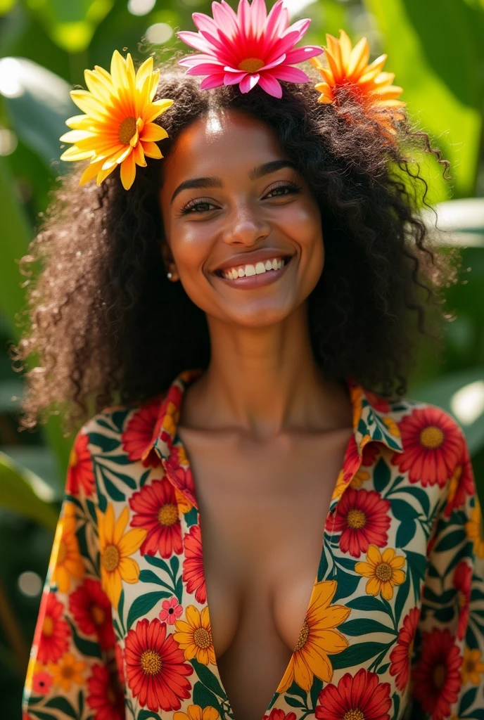 A Brazilian woman in a lush tropical garden, wearing an open shirt with a floral print, with a close-up capturing the harmonious beauty between her breasts and the natural flowers, showing off your natural charm and outgoing personality.