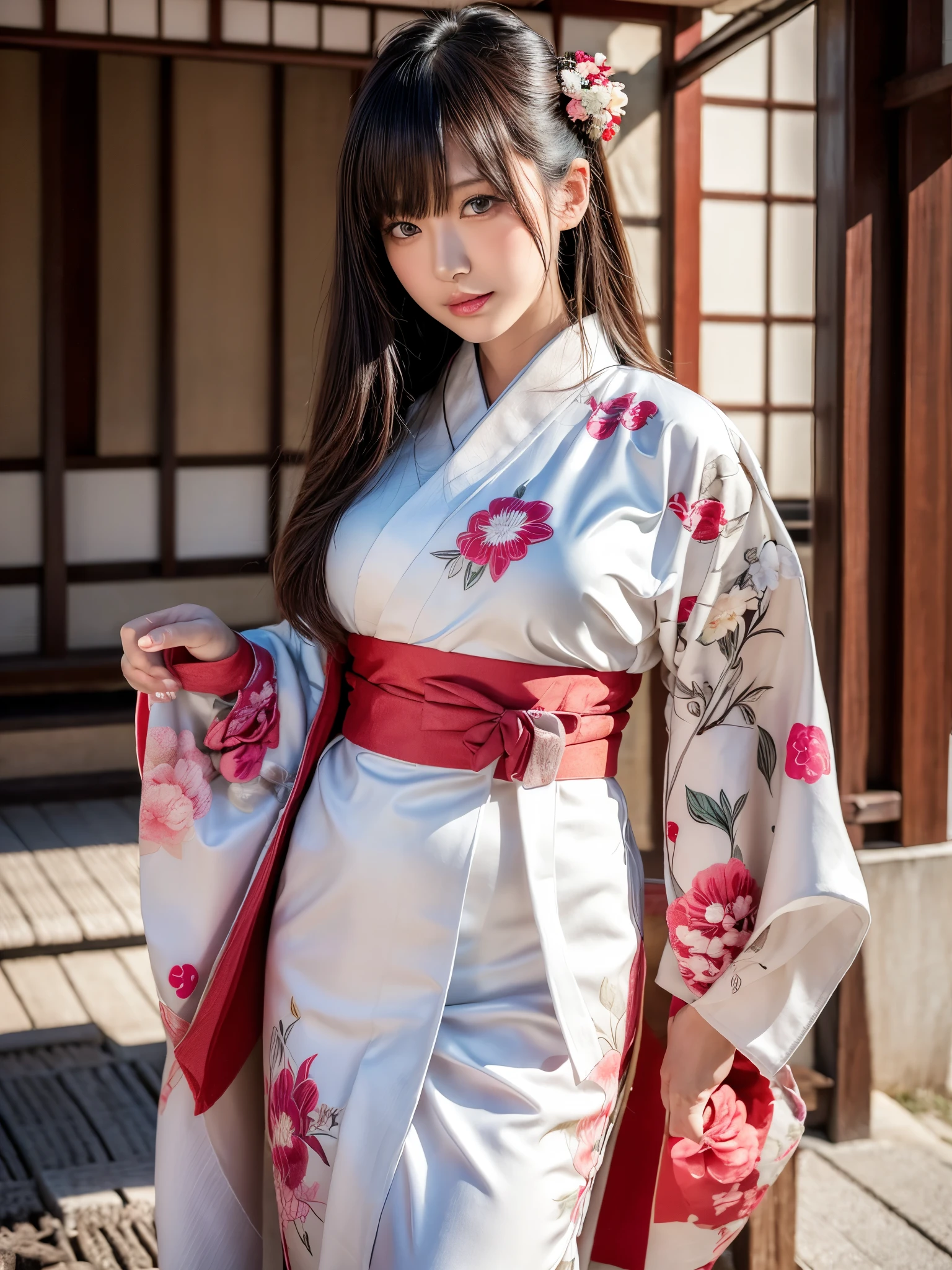 (masterpiece, Highest quality, Realistic, High resolution, photograph, :1.3), Sharp focus, 1 Cute Japanese, Hot Model, Highly detailed eyes and pupils, Realistic Skin, Highly detailed hair, Delicate face, Sensual look, Bright lips, Natural Lip, ((whole bodyショット)), Standing pose, smile, (kimono:1.5), (Floral), ((sash)), ((heart)), outside of home, (Japanese Style Country), whole body,