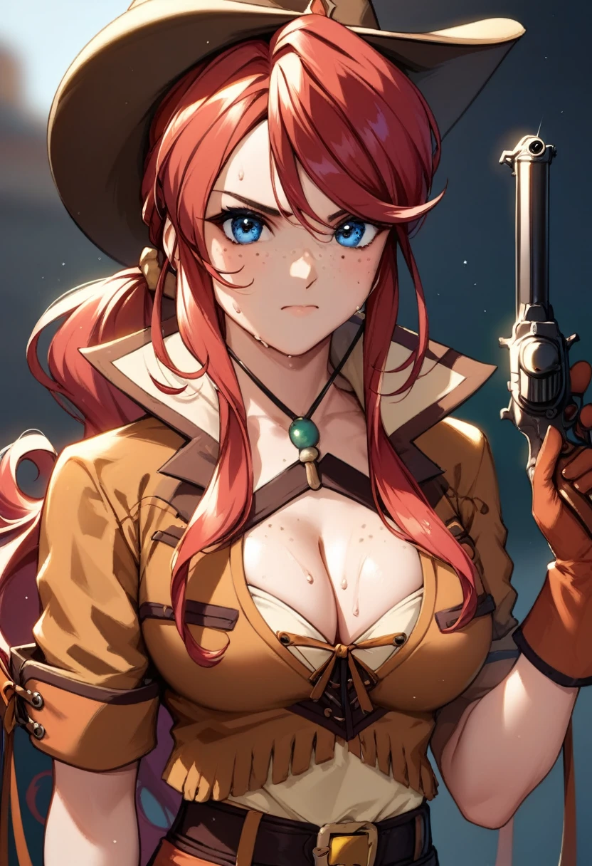 score_9, score_8_up, score_7_up, very aesthetic, source_anime, detailed, high quality, beautiful, masterpiece, detailed eyes,
(Simple dark background), blurry background,
Close-up, upper body, (angry facial expression), closed mouth, sweat, facing the viewer, looking at the viewer,
gemini sunrise, red hair, long hair, blue eyes, freckles, sidelocks, big breasts, cleavage,
Gloves, cowboy hat, fringe trim, revolver gun, zPDXL