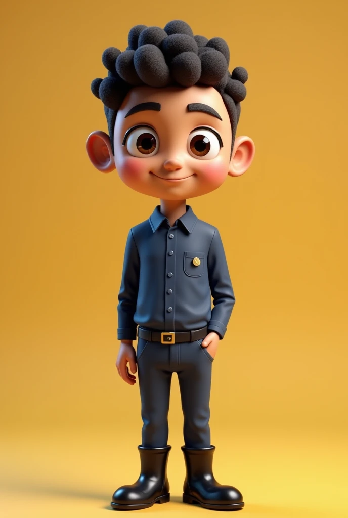 Create a very thin 3d mascot with an adult face without any beard, male, light brown, thin, with a very thin face and a thin chin, with brown eyes, wearing a dark blue uniform with dark blue pants, no logo, no details, with black boots , and also with curly hair , 小柄 , Very goosebumps and very bald with a thin nose .
