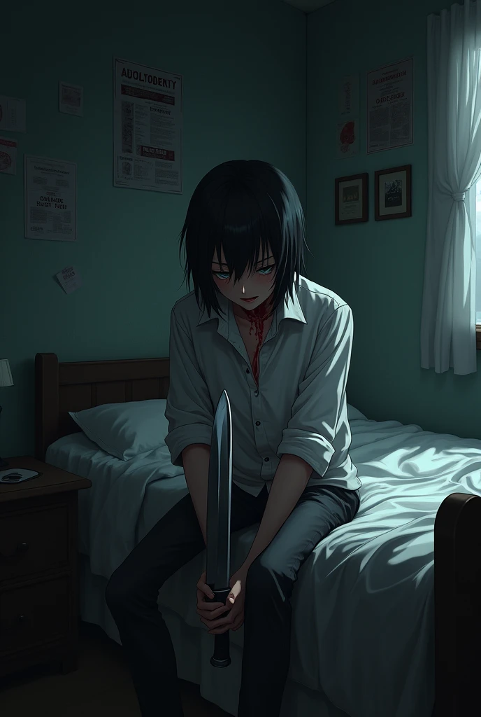 a depressed anime guy with a knife cutting his throat blood coming from knife from throat black hair gloomy and dark room background