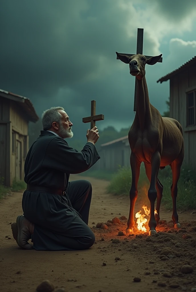 A dramatic scene showing Father Emanoel, kneeling on the dirt floor of the farm, praying fervently while raising the crucifix. The headless mule, In front of him, is agitated, with the flames around his body fading, as if she were being repelled by the father's prayers. The atmosphere is tense, with the earth shaking beneath the mule's hooves and the dark sky reinforcing the sense of danger.