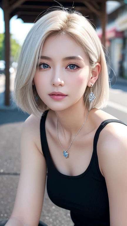 最high quality、masterpiece、High resolution、1 female、necklace、gem、Earrings、Beautiful Face、Body Up、Tyndall effect、Realistic、Rim Light、Two-tone lighting、(High resolutionスキン:1.2)、8k UHD、Digital SLR、Soft lighting、high quality、Volumetric lighting、photograph、High resolution、4K、8k、white haired woman、Adult、Small eyes、Perfect Mouth、Highly detailed eyes and mouth、Black natural eyes、Pure brown hair color、lol、Caucasian skin color、White shirt and random color tank top、Hair quality and shine、street、town、road、congestion、
