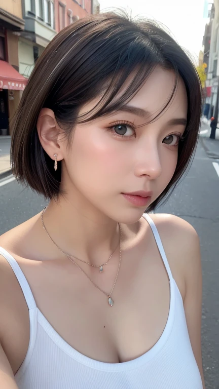 最high quality、masterpiece、High resolution、1 female、necklace、gem、Earrings、Beautiful Face、Body Up、Tyndall effect、Realistic、Rim Light、Two-tone lighting、(High resolutionスキン:1.2)、8k UHD、Digital SLR、Soft lighting、high quality、Volumetric lighting、photograph、High resolution、4K、8k、white haired woman、Adult、Small eyes、Perfect Mouth、Highly detailed eyes and mouth、Black natural eyes、Pure brown hair color、lol、Caucasian skin color、White shirt and random color tank top、Hair quality and shine、street、town、road、congestion、