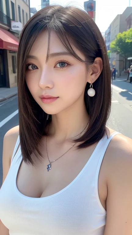 最high quality、masterpiece、High resolution、1 female、necklace、gem、Earrings、Beautiful Face、Body Up、Tyndall effect、Realistic、Rim Light、Two-tone lighting、(High resolutionスキン:1.2)、8k UHD、Digital SLR、Soft lighting、high quality、Volumetric lighting、photograph、High resolution、4K、8k、white haired woman、Adult、Small eyes、Perfect Mouth、Highly detailed eyes and mouth、Black natural eyes、Pure brown hair color、lol、Caucasian skin color、White shirt and random color tank top、Hair quality and shine、street、town、road、congestion、

