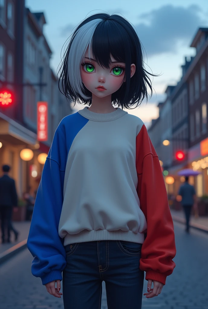 medium, black hair with a white streak, white skin, one black eye and the other green, white sweater with one blue sleeve and the other red, dark jeans and purple shoes.