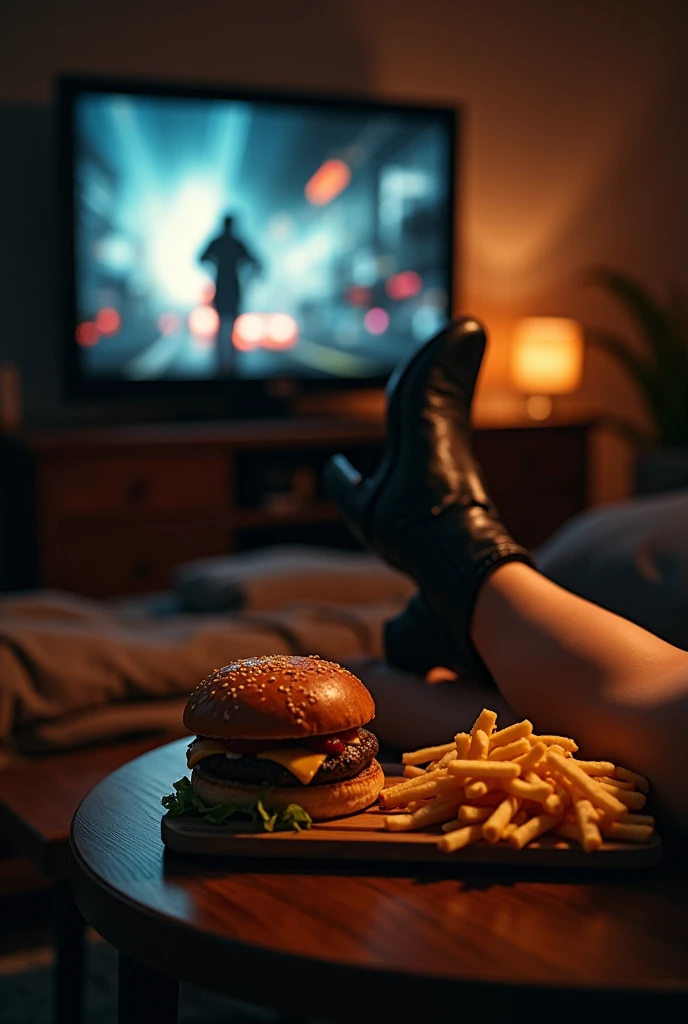 A room with the lights off, TV on with some action movie and on the table there are some snacks like french fries, hamburger and next to it, a woman's leg resting on the table