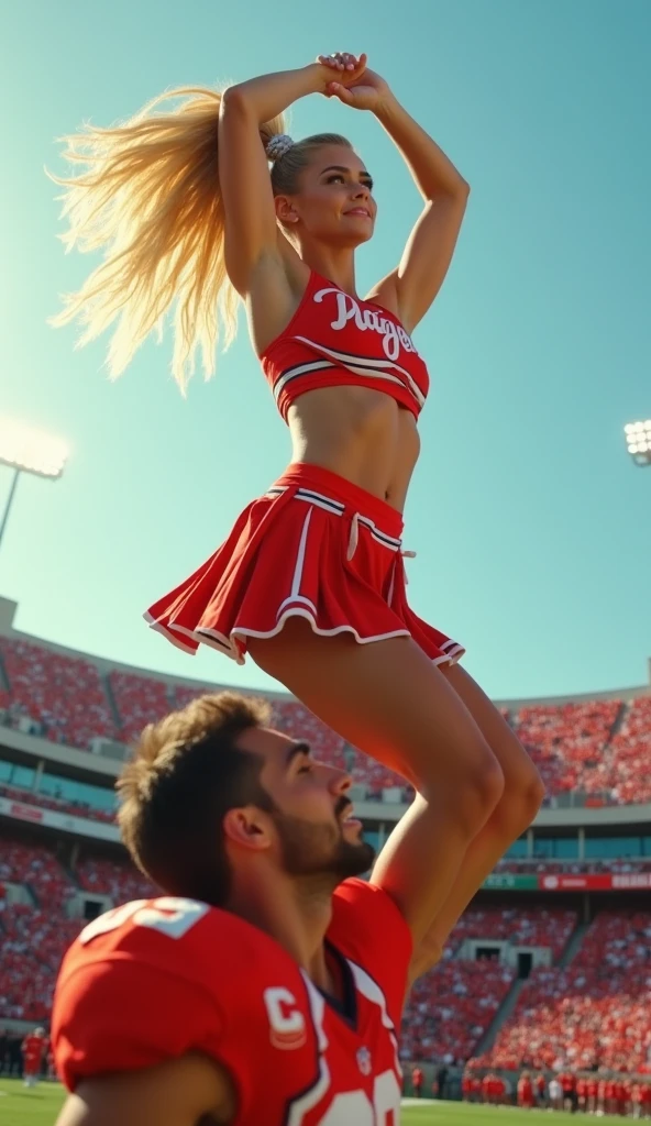 Blonde, Beautiful, and strong girl cheerleader lifting a large male football player high above her head with her strong arms. Photorealistic. View from a distance. Wide angle. Male on top.