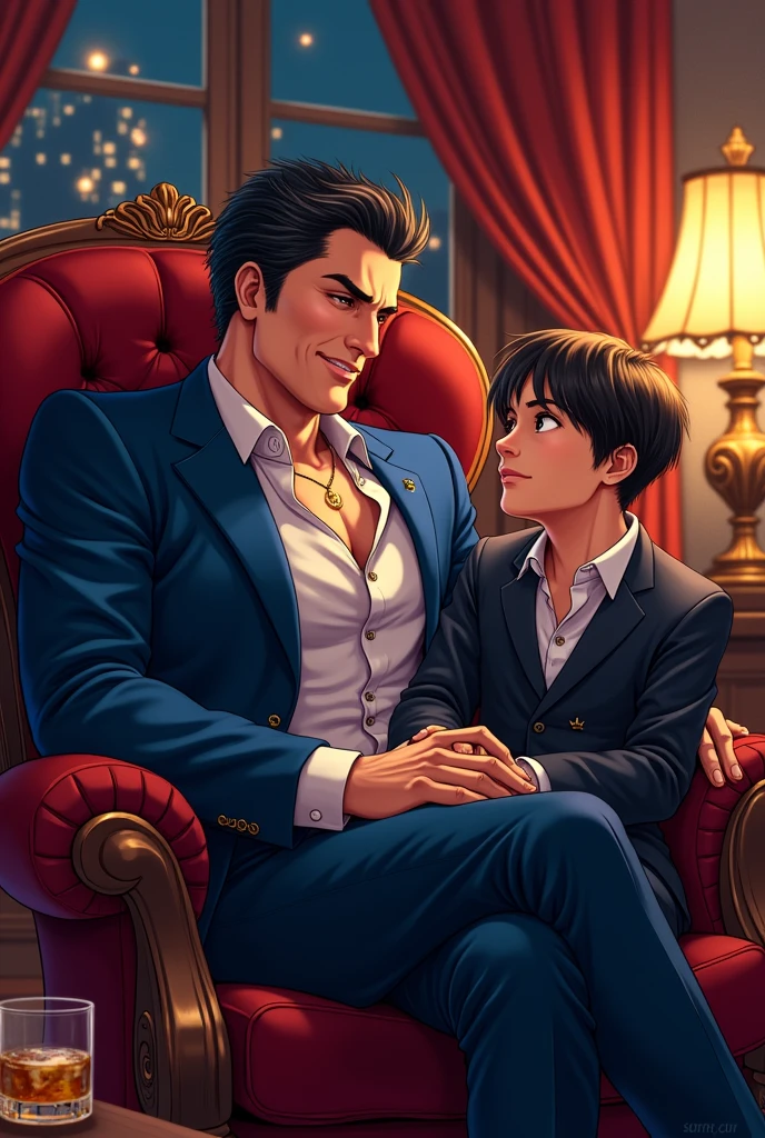 Create a cover for a book on Wattpad that contains the following:: It should be anime style and feature a mob boss sitting in a chair with an excited expression, with another man sitting on his lap, looking into his eyes.