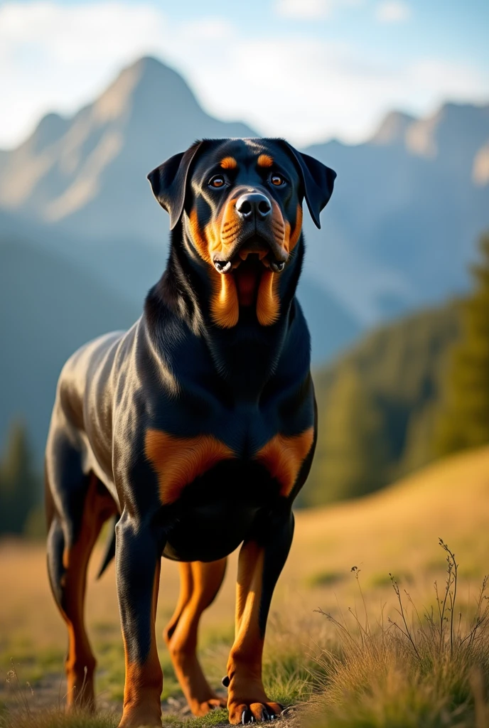 ロットワイラーのphotograph
山の中での優雅ロットワイラー。Sense of luxury Luxury、High-end brands、photograph、
「May all dogs be happy」Text
Storytelling: Highlight the elegance and strength of Rottweilers