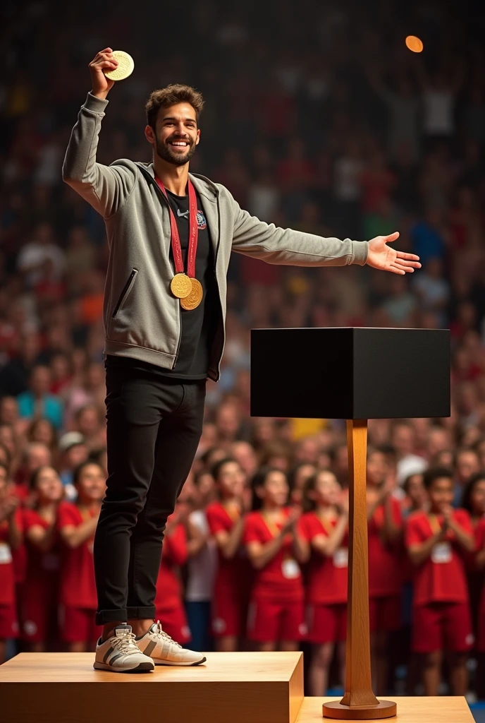 An olymic champion on medal podium,firrst place , beside silver medal and bronz medal  when giving a medal in one hand a table lamp with wooden square body and a rectangle black shade, audience behind clapping a warm and realustic atmosphere 