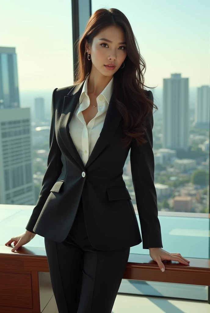 (photorealism:1.2), blackpink lisa in full office suit standing