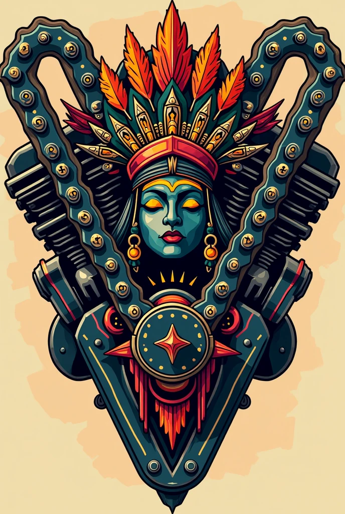 Create a logo for motorcyclists that says the phrase "The Khipus of the Desert" This logo should have a V-shaped engine with an Inca head in the middle and its symbolism from the Inca era around it., and motorcycle chains that intertwine