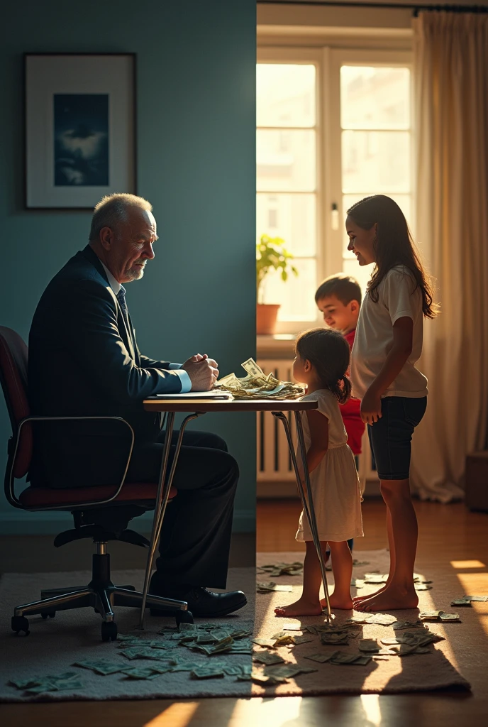 I want to create a transition in the middle of two images.
The image on the left must be an extremely sad businessman, depressive, jaded, you can clearly see that he is not happy despite having a lot of money, he is in an office with an extremely dark and bad environment.

In the image on the left I want this same businessman happy, with family, enjoying quality time with children and wife in a home with a bright and welcoming atmosphere.