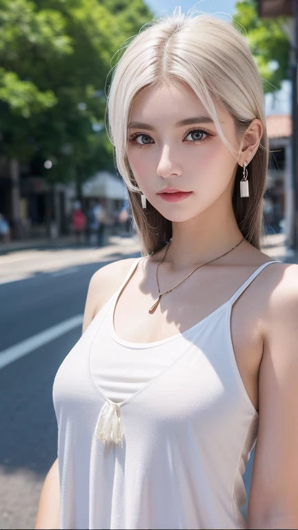 最high quality、masterpiece、High resolution、1 female、necklace、gem、Earrings、Beautiful Face、Body Up、Tyndall effect、Realistic、Rim Light、Two-tone lighting、(High resolutionスキン:1.2)、8k UHD、Digital SLR、Soft lighting、high quality、Volumetric lighting、photograph、High resolution、4K、8k、white haired woman、Adult、Small eyes、Perfect Mouth、Highly detailed eyes and mouth、Black natural eyes、Pure brown hair color、lol、Caucasian skin color、White shirt and random color tank top、Hair quality and shine、street、town、road、congestion、
