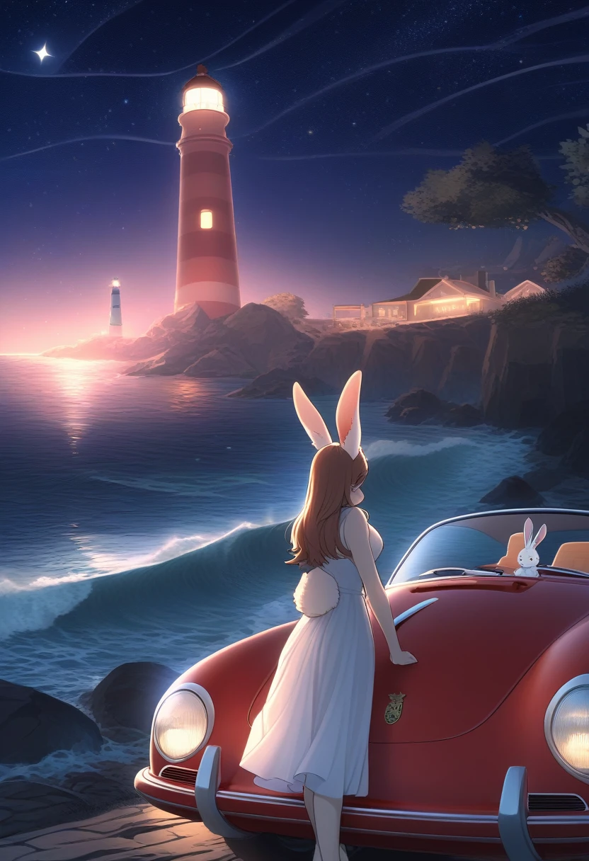 ((Masterpiece)), ((Best Quality)), (Very Detailed), ((Very Detailed)), 4K, (8K), very aesthetic, absurdres highres, 1 woman, (anthropomorphic Rabbit, furry, kemono:1.5), A beautiful female model leans against a metallic red Porsche 356 on a road along the coast against a cool night view. Her fashion exudes a free spirit, and her car’s chrome bumper and open top shine. The shot is shot from a low angle, emphasizing the car and the woman. Waves crash against the shore, a lighthouse is visible in the distance, and stars twinkle in the night sky. The moonlight reflects off the sea, adding a magical touch. The woman’s dress flows in the wind, and she wears elegant accessories. The car’s leather seats and wood steering wheel are visible, and the emblem and license plate are detailed.